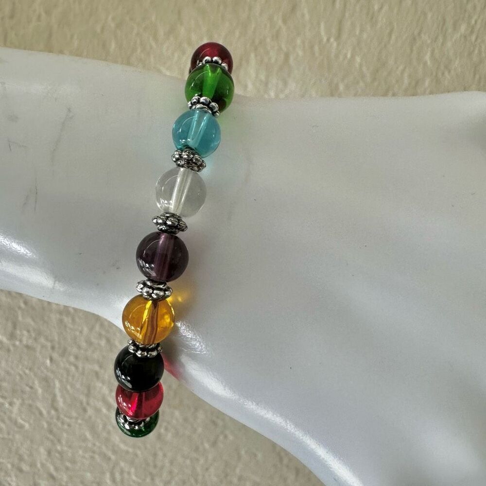 Colorful Rainbow Glass Beaded Stretch Bracelet with Silver Tone Spacers